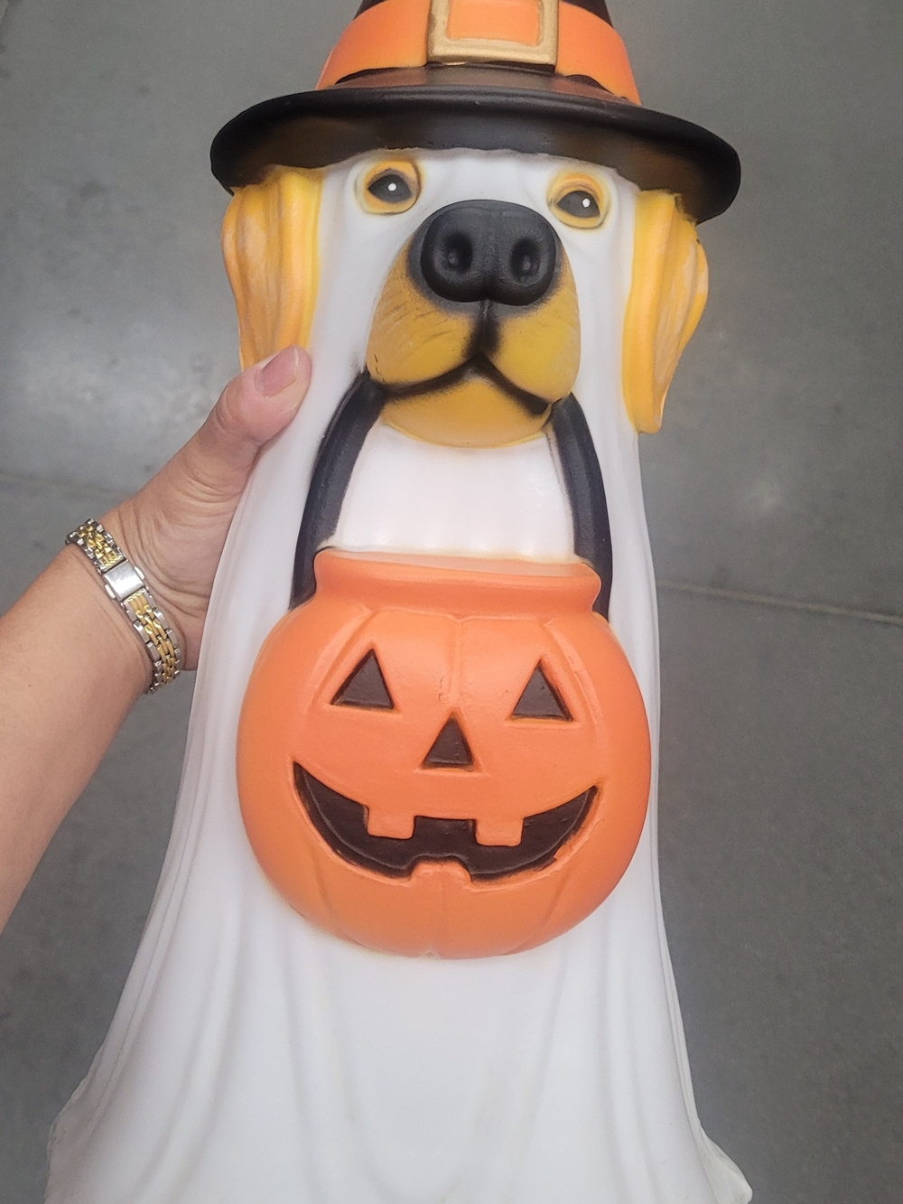 Blow Mold Halloween Dog Treat Holder in White and Orange